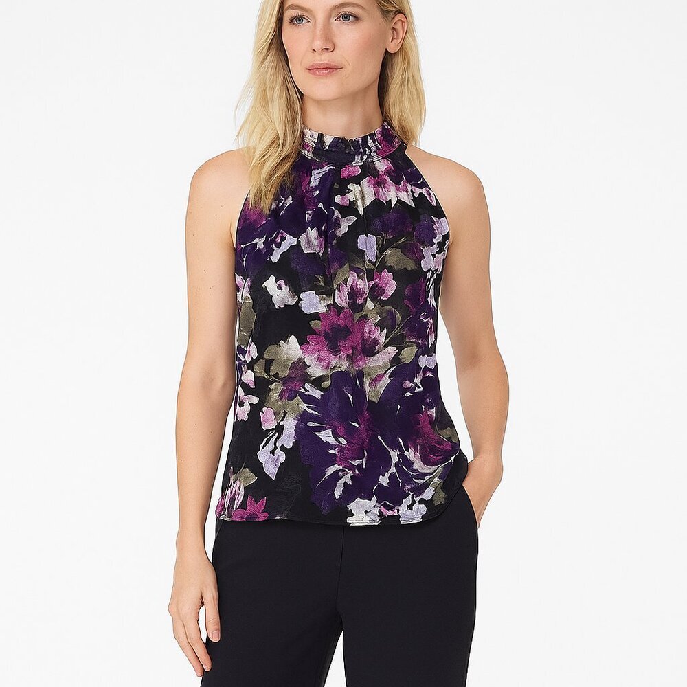 NWT White House Black Market Smocked Neck Halter Shell Floral Bunches 2 #WHBM30